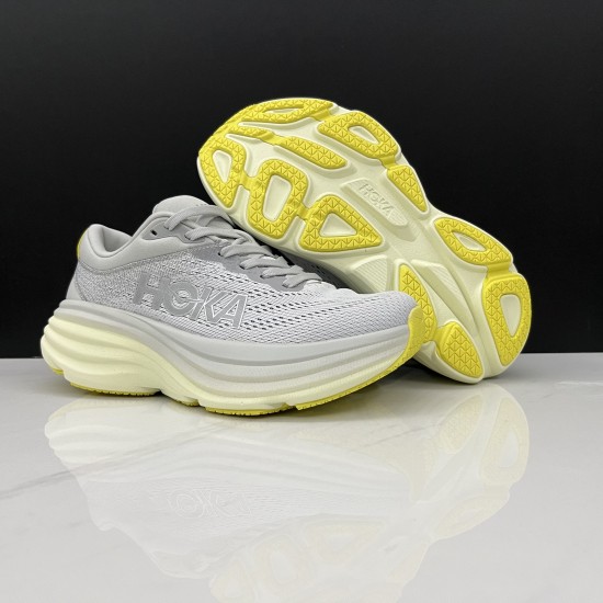 Hoka Bondi 8 Grey Yellow Women Men Running Shoe